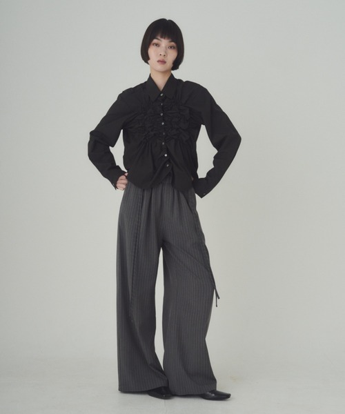 SOYEN(ソイエン)の「ダブルドロストワイドパンツ/セットアップ可 イージースラックス ピンストライプ 無地(スラックス・レディース・グレー/チャコール・F)」の10枚目の写真