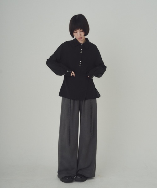 SOYEN(ソイエン)の「ダブルドロストワイドパンツ/セットアップ可 イージースラックス ピンストライプ 無地(スラックス・レディース・グレー/チャコール・F)」の11枚目の写真