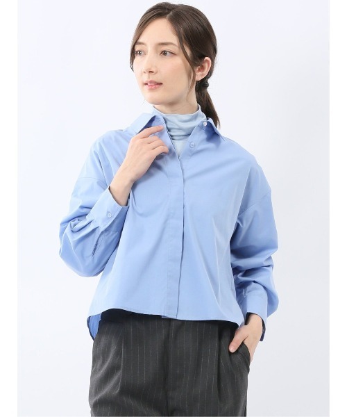 m.f.editorial(エムエフエディトリアル)の「【ショート丈 クロップド】m.f.エディトリアル レディース 綿混 ブロード 比翼 長袖 ブラウス(シャツ/ブラウス・レディース・サックスブルー/ブルー・MEDIUM/LARGE)」の1枚目の写真