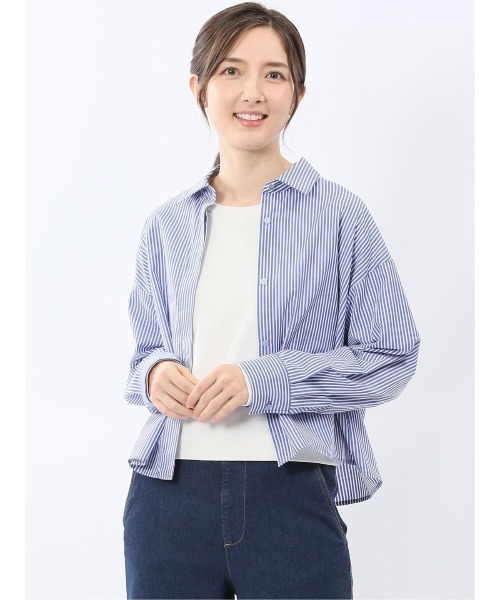 m.f.editorial(エムエフエディトリアル)の「【ショート丈 クロップド】m.f.エディトリアル レディース 綿混 ブロード 比翼 長袖 ブラウス(シャツ/ブラウス・レディース・サックスブルー/ブルー・MEDIUM/LARGE)」の2枚目の写真