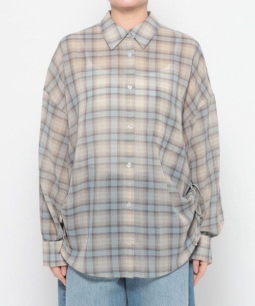 LOWRYS FARM(ローリーズファーム)の「シアーチェックシャツロング 647623(シャツ/ブラウス・レディース・ブルー/ブラウン/ベージュ・FREE)」の6枚目の写真