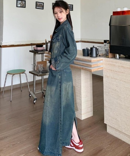 semplice（センプリチェ）の「デニム ロングシャツワンピース（ワンピース・レディース・ブルー・M/S）」の6枚目の写真