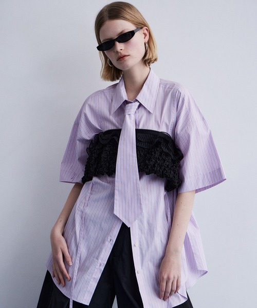 MAISON SPECIAL（メゾンスペシャル）の「【PRE-ORDER】Half-Sleeve Over Tie Shirt/ハーフスリーブオーバーネクタイシャツ（シャツ/ブラウス・レディース・パープル/ブラック/ブルー・FREE）」の3枚目の写真