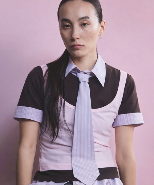 メゾンスペシャルHalf-Sleeve Over Tie Shirt パープル Half-Sleeve Over Tie Shirt/ハーフスリーブオーバーネクタイシャツ