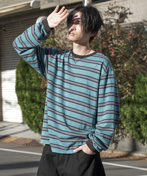 ピグメントストライプリンガー長袖Tシャツ - ブルー