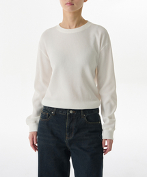 ウィメンズワッフルリラックスクルーネック長袖Tシャツ[アイボリー]