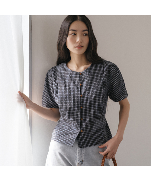 Tied check puff blouse [TISU05BL06]_Navy