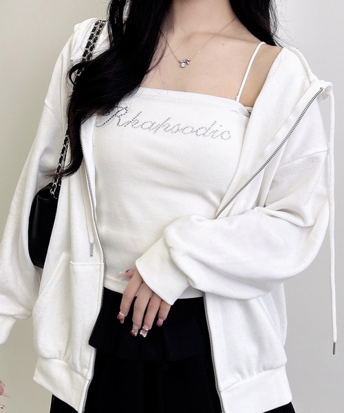 INGNI(イング)の「ラインストーンロゴサイドギャザーベアリブキャミ(Tシャツ/カットソー・レディース・オフホワイト/ブラック・M)」の3枚目の写真