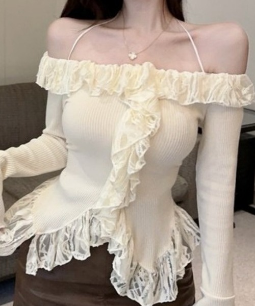 Ritzy(リッツィー)の「オフショルフリルラインリブトップス(Tシャツ/カットソー・レディース・アイボリー/ブラック・FREE)」の3枚目の写真