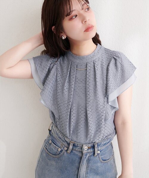 natural couture(ナチュラルクチュール)の「プチハイフリル袖ブラウス(シャツ/ブラウス・レディース・ネイビー/ミント/ブルー/グレー/オフホワイト・FREE)」の5枚目の写真