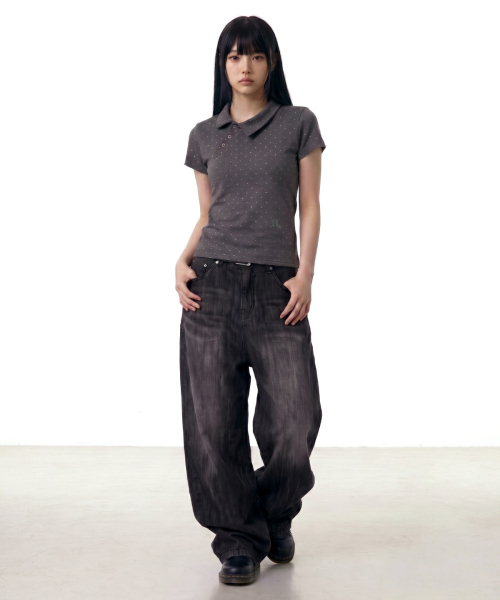DAMISH(ダミシュ)の「スタードットアシンメトリーカラーTシャツ_チャコール(Tシャツ/カットソー・レディース・チャコール・OS)」の4枚目の写真