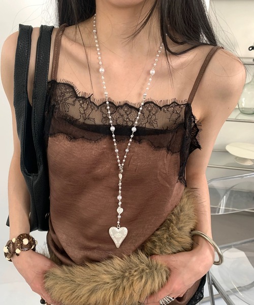 セール】ハートエンボス パール ジルコニア ロングネックレス シルバー