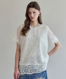 フラワー刺繍レースレイヤードTシャツ