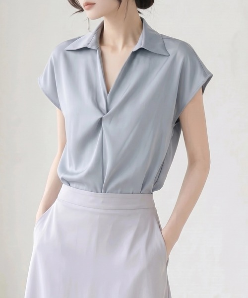 yuue' ( wear )(ユーイ)の「オフィス、プライベート、オケージョンにも◎サテンツイストタック半袖ブラウス(シャツ/ブラウス・レディース・ホワイト/ブルー・FREE)」の12枚目の写真