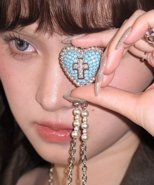 AURA jewelry × HN HIANDコラボ パールネックレス ハート セール】ハートクロスロングネックレス パール × ブルー（ネックレス