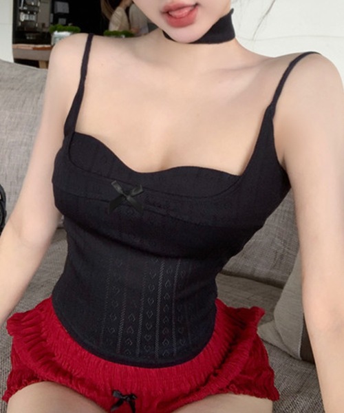 Lace Ladies(レースレディース)の「リボン ビスチェ風 カップ付き キャミソール トップス(キャミソール・レディース・ブラック/ホワイト/ブルー・FREE)」の1枚目の写真