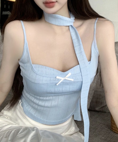 Lace Ladies(レースレディース)の「リボン ビスチェ風 カップ付き キャミソール トップス(キャミソール・レディース・ブラック/ホワイト/ブルー・FREE)」の12枚目の写真