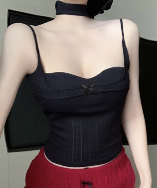 Lace Ladies(レースレディース)の「リボン ビスチェ風 カップ付き キャミソール トップス(キャミソール・レディース・ブラック/ホワイト/ブルー・FREE)」の6枚目の写真