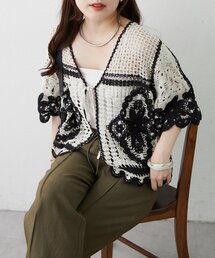 【大人カジュアル】かぎ針風レース5分袖カーディガン