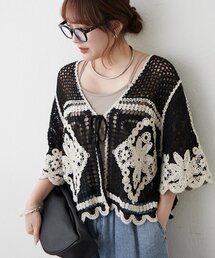 【大人カジュアル】かぎ針風レース5分袖カーディガン