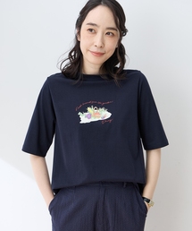 【ひやさらコットン】モックネックベジタブルプリント5分袖Tシャツ【綿100%・接触冷感・UVカット】
