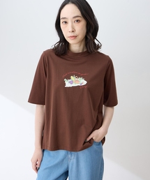 【ひやさらコットン】モックネックベジタブルプリント5分袖Tシャツ【綿100%・接触冷感・UVカット】