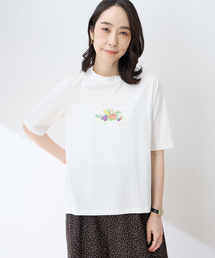 【ひやさらコットン】モックネックベジタブルプリント5分袖Tシャツ【綿100％・接触冷感・UVカット】