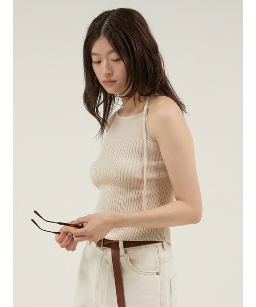 LA PEAU DE GEM(ラポドゥジェム)の「【LA PEAU DE GEM】sheer combi halter neck tops/シアーコンビホルターネックトップス(キャミソール・レディース・ブラック/アイボリー/ブルー・FREE)」の7枚目の写真