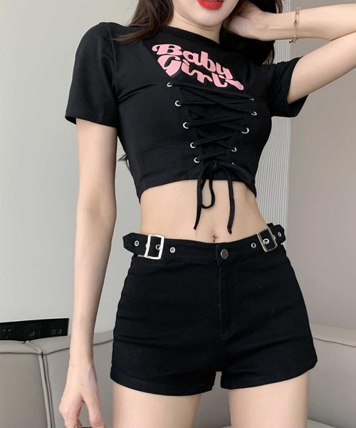 CANVAS+(キャンバスプラス)の「【CANVAS+】ショート丈ロゴプリントレースアップTシャツ(Tシャツ/カットソー・レディース・ピンク/サックスブルー/ブラック・M)」の6枚目の写真