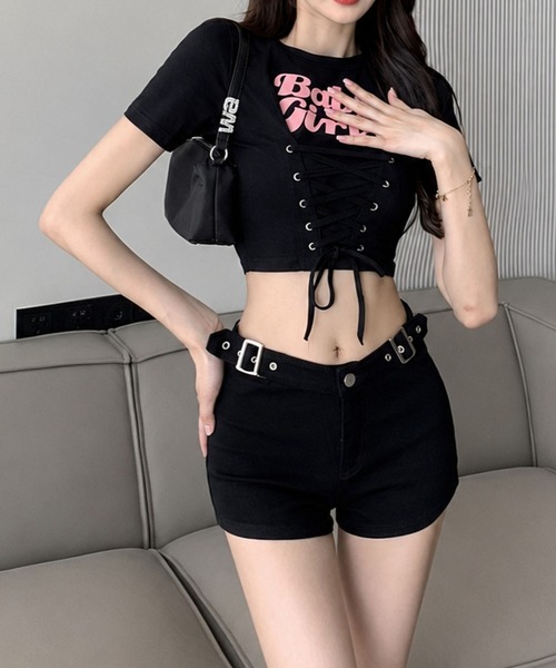 CANVAS+(キャンバスプラス)の「【CANVAS+】ショート丈ロゴプリントレースアップTシャツ(Tシャツ/カットソー・レディース・ピンク/サックスブルー/ブラック・M)」の9枚目の写真
