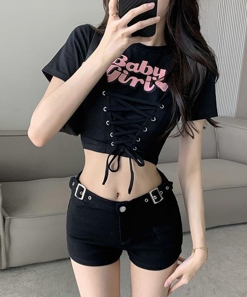 CANVAS+(キャンバスプラス)の「【CANVAS+】ショート丈ロゴプリントレースアップTシャツ(Tシャツ/カットソー・レディース・ピンク/サックスブルー/ブラック・M)」の11枚目の写真