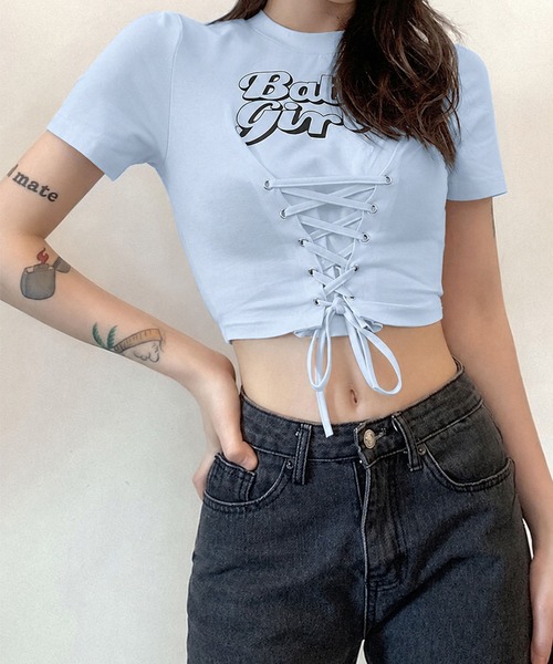 CANVAS+(キャンバスプラス)の「【CANVAS+】ショート丈ロゴプリントレースアップTシャツ(Tシャツ/カットソー・レディース・ピンク/サックスブルー/ブラック・M)」の15枚目の写真