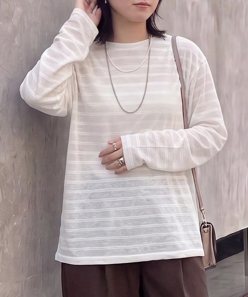 SELECT LEVERY(セレクトリベリー)の「シアーボーダーリラックス長袖Tシャツ(Tシャツ/カットソー・レディース・ブラック/オフホワイト/ボルドー・FREE)」の2枚目の写真