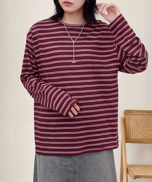 SELECT LEVERY(セレクトリベリー)の「シアーボーダーリラックス長袖Tシャツ(Tシャツ/カットソー・レディース・ブラック/オフホワイト/ボルドー・FREE)」の1枚目の写真