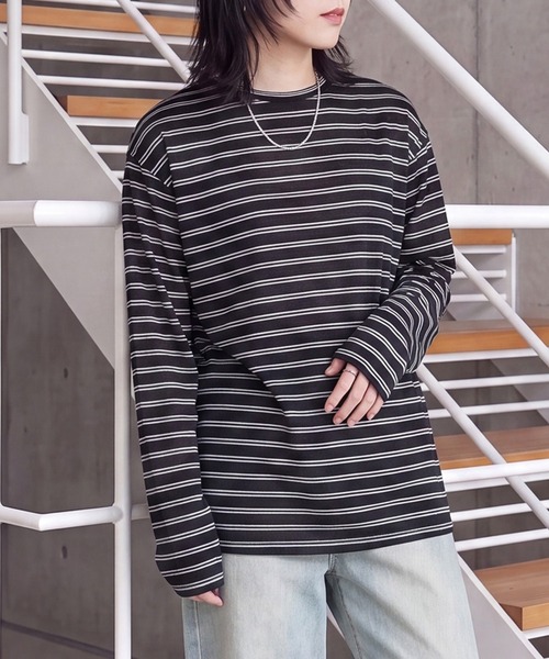 SELECT LEVERY(セレクトリベリー)の「シアーボーダーリラックス長袖Tシャツ(Tシャツ/カットソー・レディース・ブラック/オフホワイト/ボルドー・FREE)」の3枚目の写真