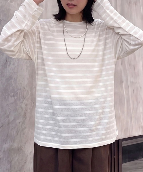 SELECT LEVERY(セレクトリベリー)の「シアーボーダーリラックス長袖Tシャツ(Tシャツ/カットソー・レディース・ブラック/オフホワイト/ボルドー・FREE)」の7枚目の写真