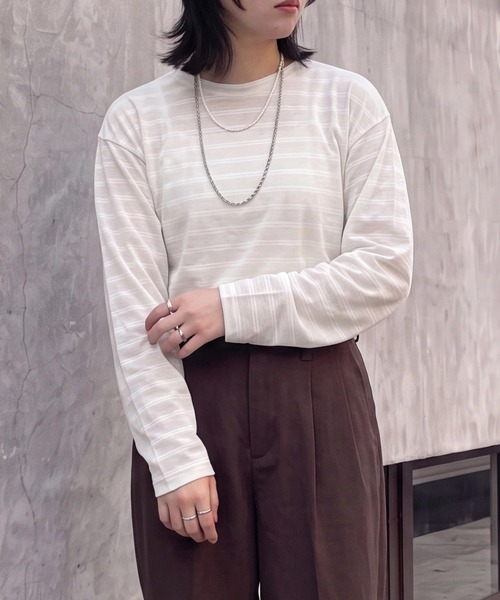 SELECT LEVERY(セレクトリベリー)の「シアーボーダーリラックス長袖Tシャツ(Tシャツ/カットソー・レディース・ブラック/オフホワイト/ボルドー・FREE)」の6枚目の写真
