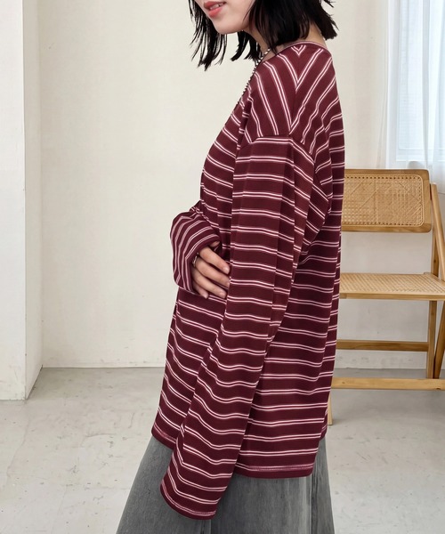 SELECT LEVERY(セレクトリベリー)の「シアーボーダーリラックス長袖Tシャツ(Tシャツ/カットソー・レディース・ブラック/オフホワイト/ボルドー・FREE)」の16枚目の写真