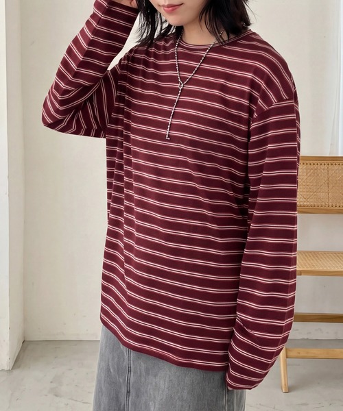 SELECT LEVERY(セレクトリベリー)の「シアーボーダーリラックス長袖Tシャツ(Tシャツ/カットソー・レディース・ブラック/オフホワイト/ボルドー・FREE)」の15枚目の写真