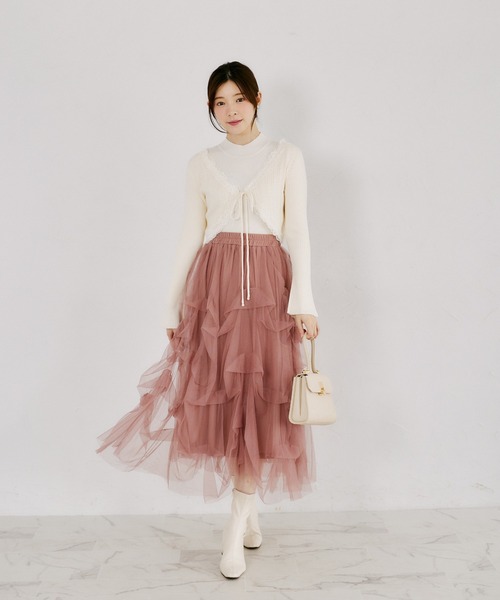 tocco closet(トッコ クローゼット)の「リボン付きレースラインケーブルミックスボレロ(カーディガン/ボレロ・レディース・ブラック/ローズ/アイボリー・M)」の22枚目の写真