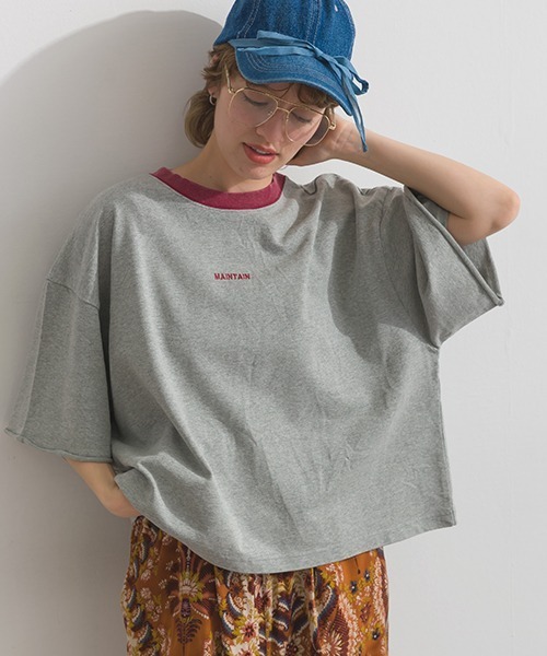 Figgle(フィグル)の「ミニ裏毛 ロゴ クルーネック 5分袖TEE(Tシャツ/カットソー・レディース・杢グレー/ピンク・FREE)」の13枚目の写真