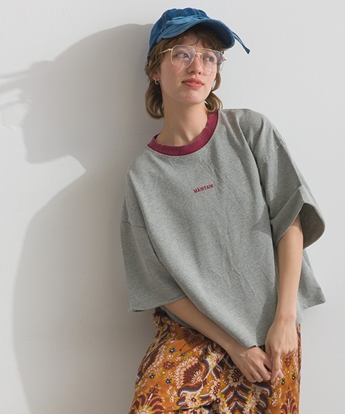 Figgle(フィグル)の「ミニ裏毛 ロゴ クルーネック 5分袖TEE(Tシャツ/カットソー・レディース・杢グレー/ピンク・FREE)」の14枚目の写真