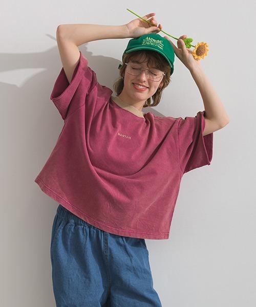 Figgle(フィグル)の「ミニ裏毛 ロゴ クルーネック 5分袖TEE(Tシャツ/カットソー・レディース・杢グレー/ピンク・FREE)」の3枚目の写真