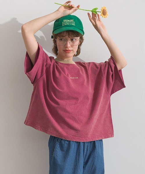 Figgle(フィグル)の「ミニ裏毛 ロゴ クルーネック 5分袖TEE(Tシャツ/カットソー・レディース・杢グレー/ピンク・FREE)」の4枚目の写真