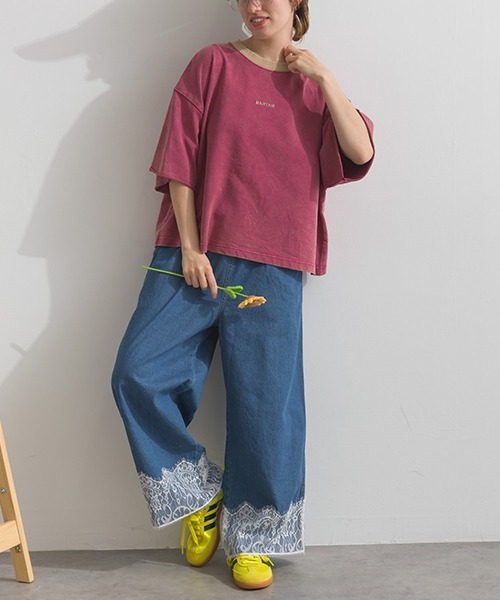 Figgle(フィグル)の「ミニ裏毛 ロゴ クルーネック 5分袖TEE(Tシャツ/カットソー・レディース・杢グレー/ピンク・FREE)」の5枚目の写真