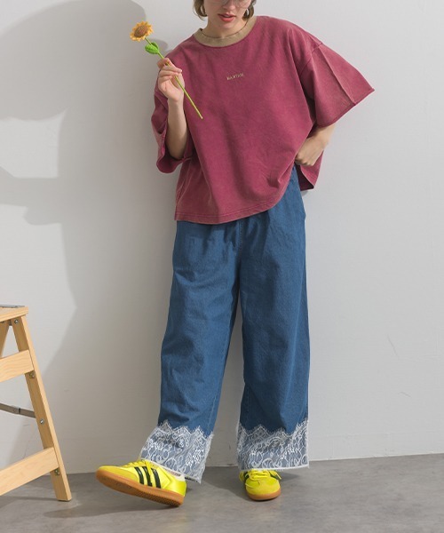 Figgle(フィグル)の「ミニ裏毛 ロゴ クルーネック 5分袖TEE(Tシャツ/カットソー・レディース・杢グレー/ピンク・FREE)」の6枚目の写真