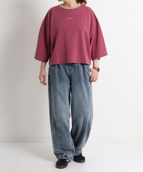 Figgle(フィグル)の「ミニ裏毛 ロゴ クルーネック 5分袖TEE(Tシャツ/カットソー・レディース・杢グレー/ピンク・FREE)」の7枚目の写真