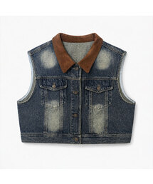Vintage Washed Color-Blocked Collar Cropped Denim Vest