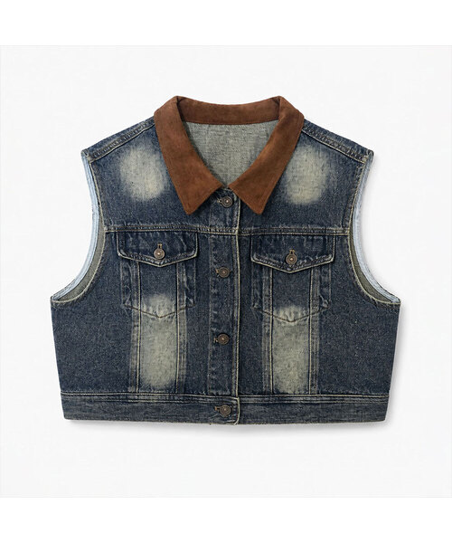 VASCARA(バスカラ)の「Vintage Washed Color-Blocked Collar Cropped Denim Vest(ベスト・レディース・ダークブルー・FREE)」の1枚目の写真