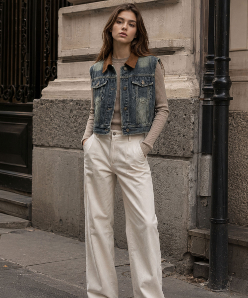VASCARA(バスカラ)の「Vintage Washed Color-Blocked Collar Cropped Denim Vest(ベスト・レディース・ダークブルー・FREE)」の2枚目の写真